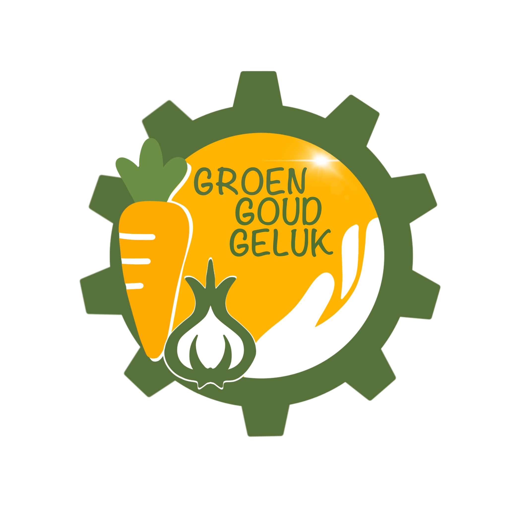 Logo GroenGoudGeluk: een tandwiel met wortel en knoflook